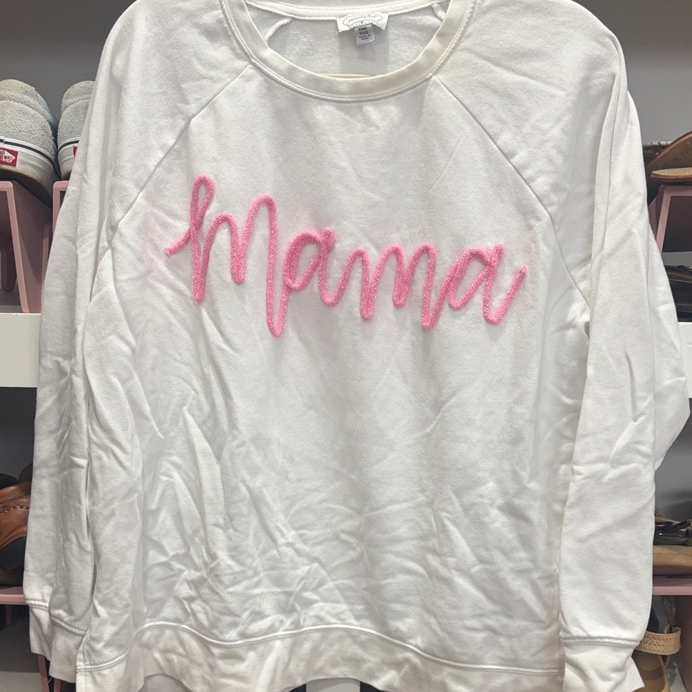 Mud Pie White Sweatshirt with Pink Embroidery